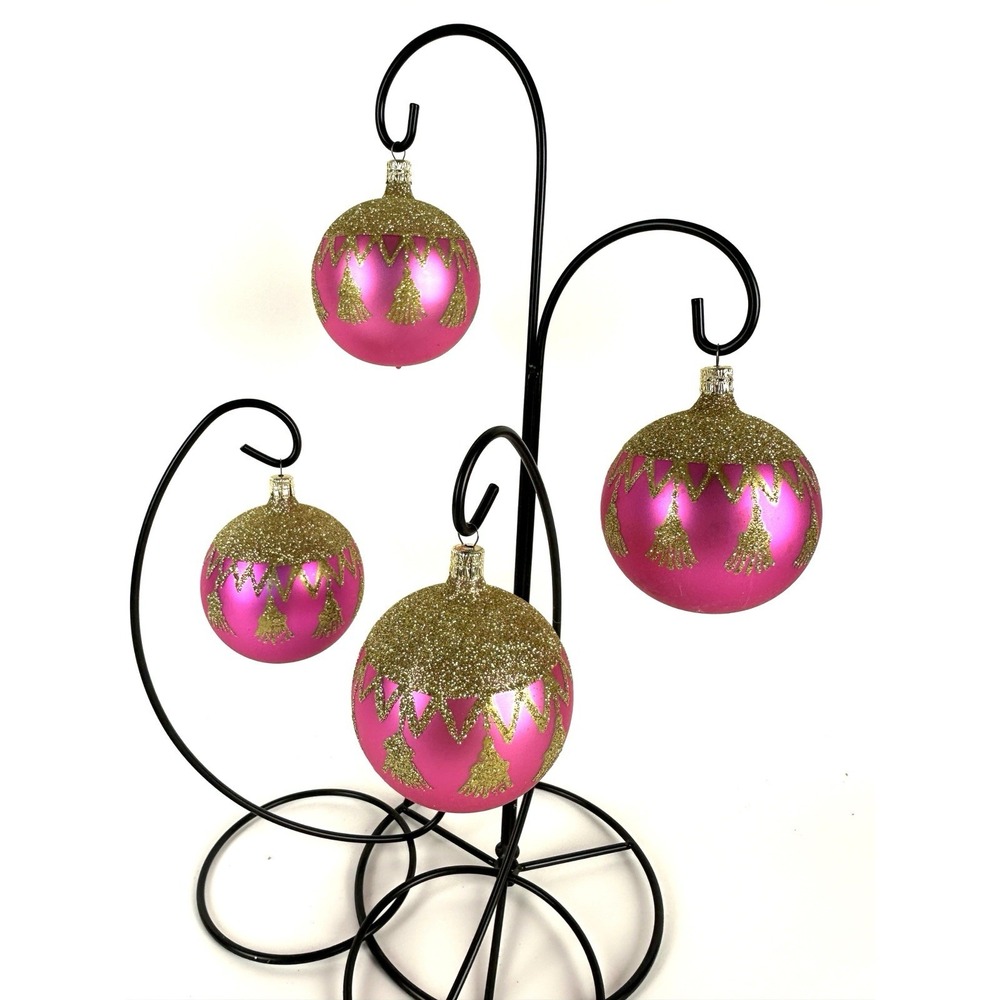 4~Czech Republic Hand Blown Mercury Glass  Ornaments Hot Pink Gold Glitter